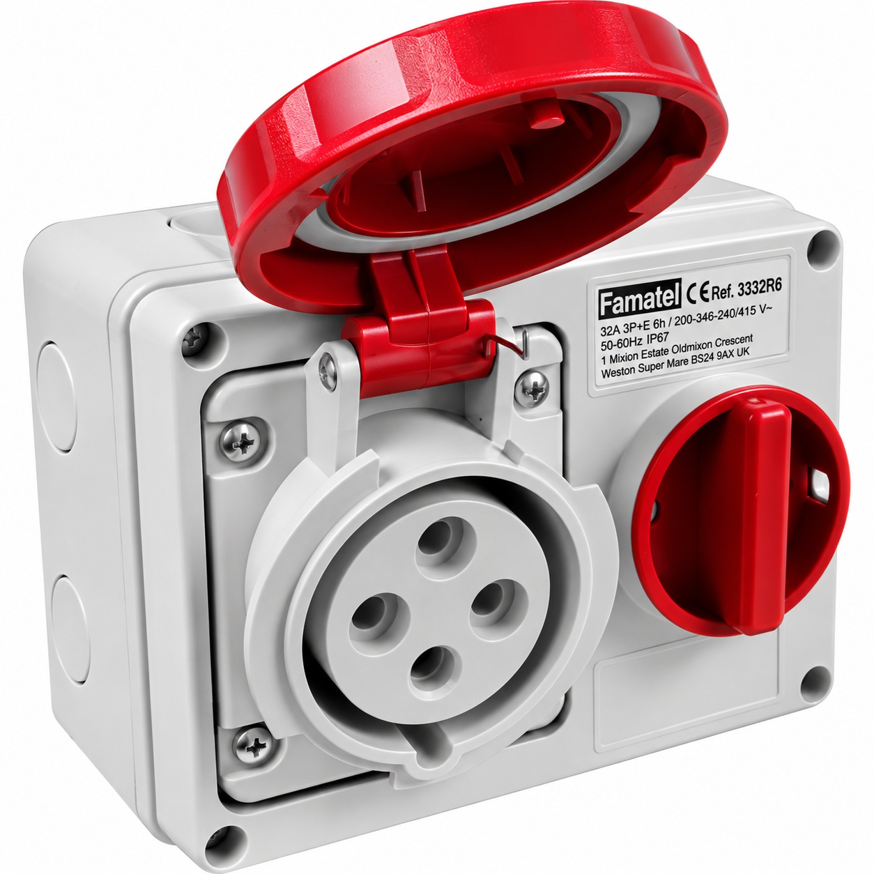 Famatel 32A 4 Pin 415V IP67 Horizontal Switched Interlocked Socket - 3332R6
