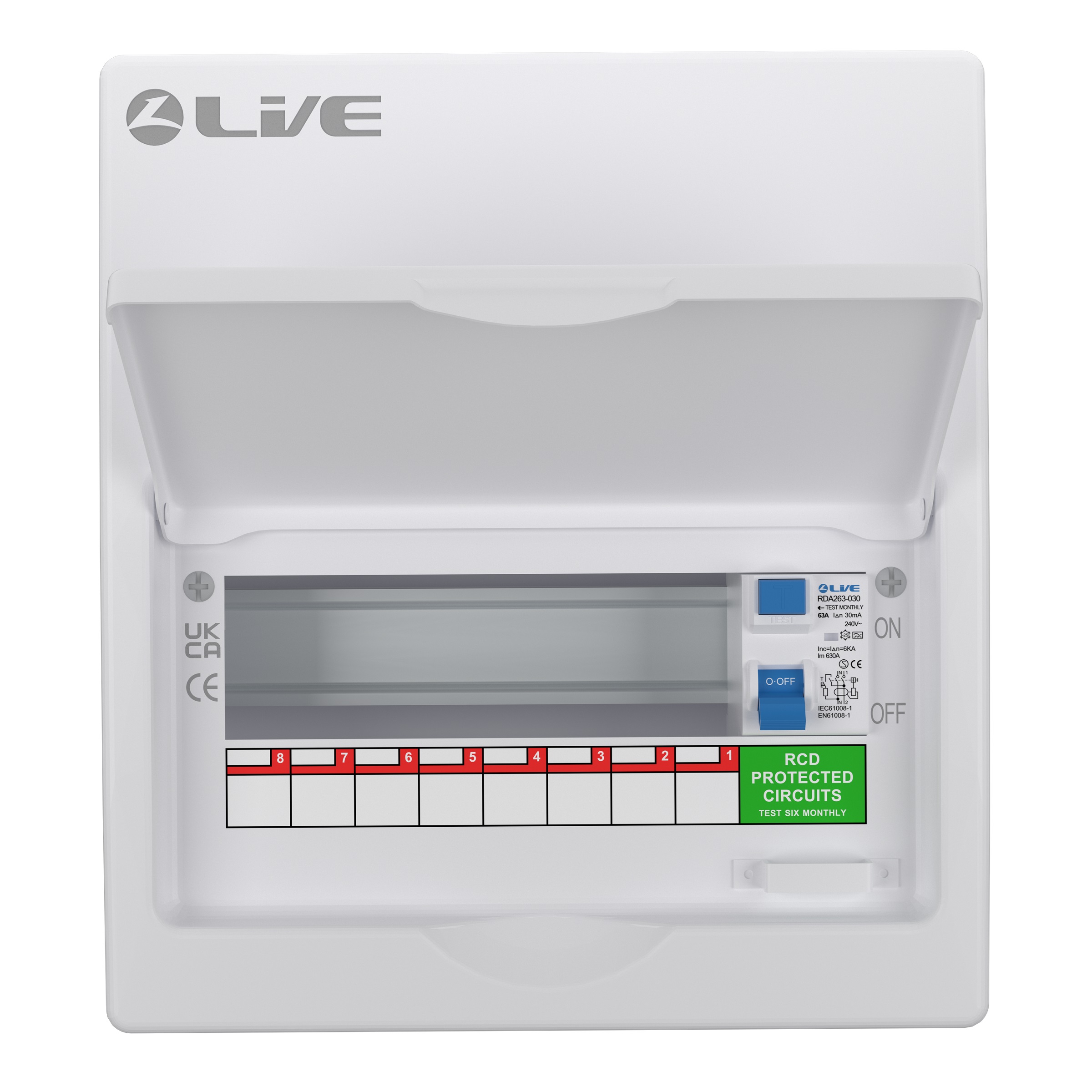 Live Electrical 10 Way Metal Clad Consumer Unit c/w 63A 30mA RCD (8 Usable Ways) - LSMC10-RC63