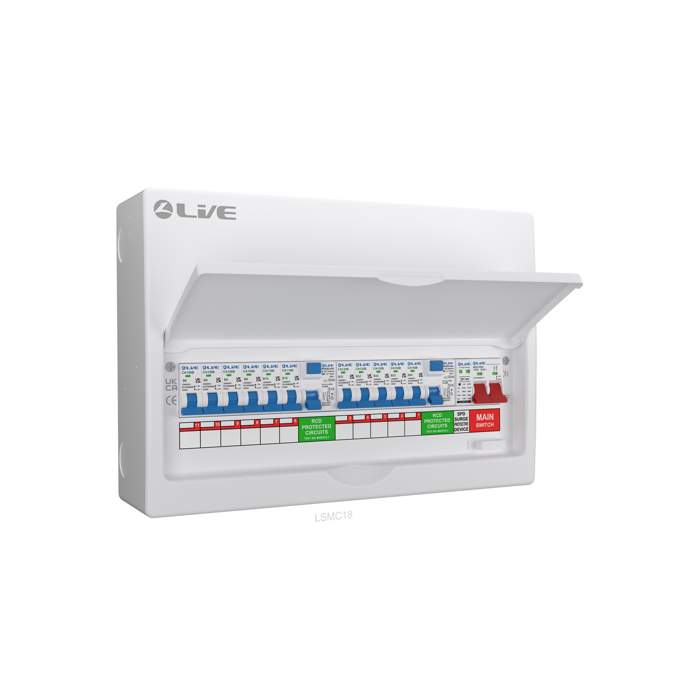 Live Electrical 18 Way Split Load Metal Clad Consumer Unit c/w 100A Main Switch / 2 x 63A 30mA RCD + 11MCBs (4x6A, 2x16A, 4x32A, 1x40A) + DP Surge Protection Device - LSMC1863TR-AS - Image 3