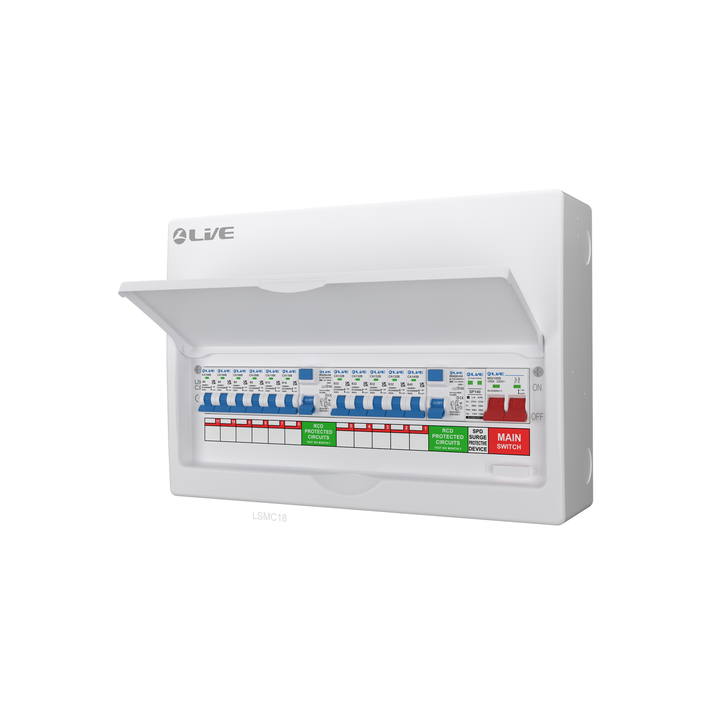 Live Electrical 18 Way Split Load Metal Clad Consumer Unit c/w 100A Main Switch / 2 x 63A 30mA RCD + 11MCBs (4x6A, 2x16A, 4x32A, 1x40A) + DP Surge Protection Device - LSMC1863TR-AS - Image 4
