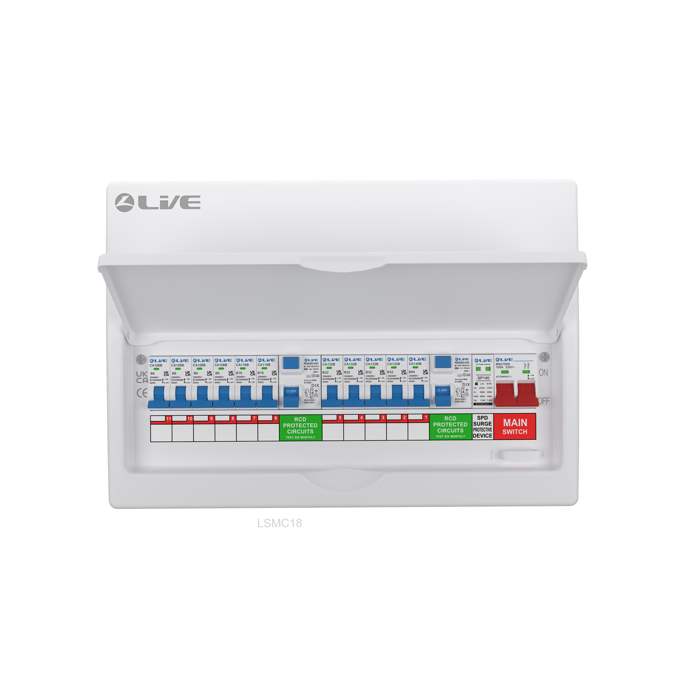 Live Electrical 18 Way Split Load Metal Clad Consumer Unit c/w 100A Main Switch / 2 x 63A 30mA RCD + 11MCBs (4x6A, 2x16A, 4x32A, 1x40A) + DP Surge Protection Device - LSMC1863TR-AS