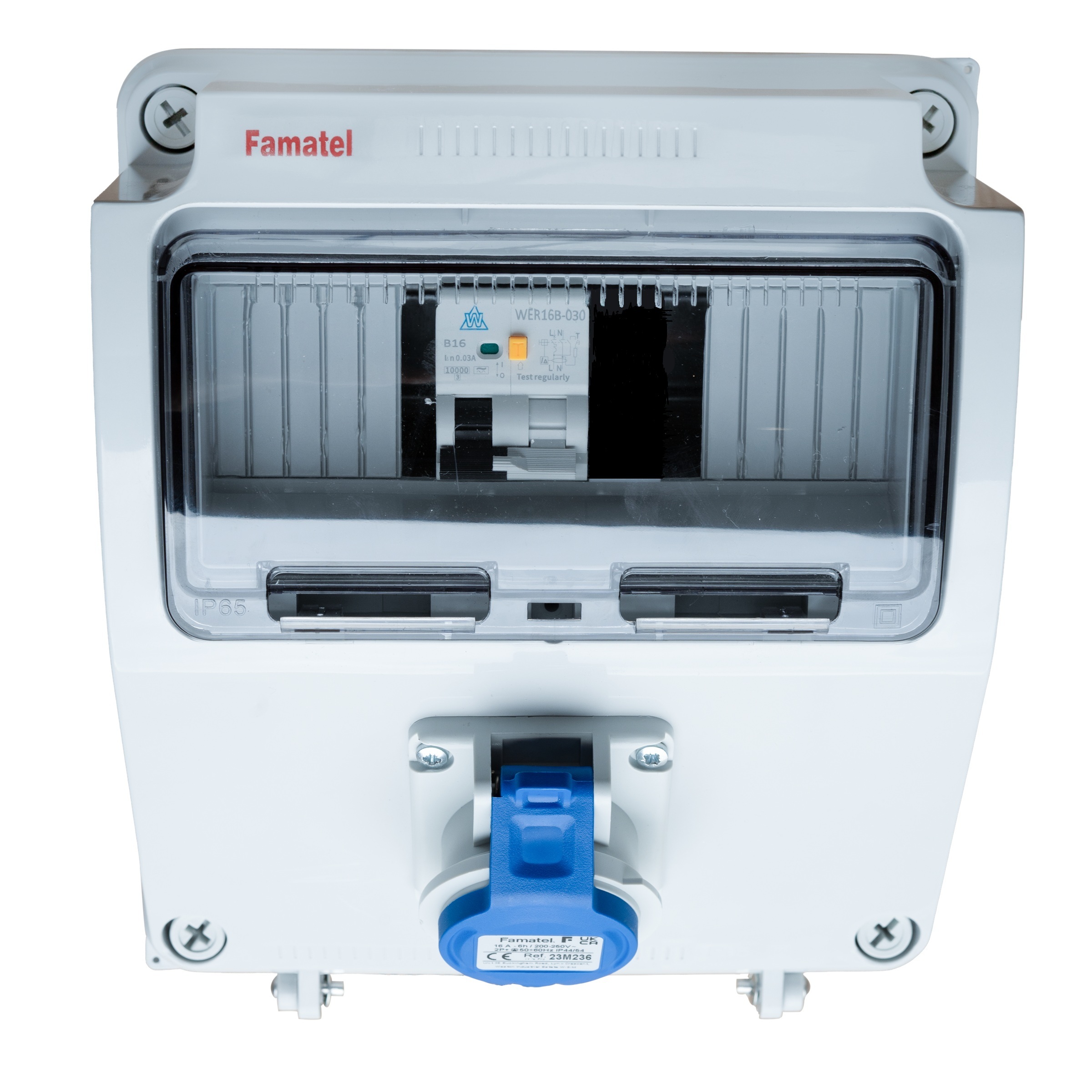 Famatel 1 Way Hook Up Unit 1 x 16A 2P+E Electronic Interlock Lockable Socket 1 x 16A RCBO Type A DP 30mA c/w Loop In/Out Terminals - NSICAV1/TT/LK