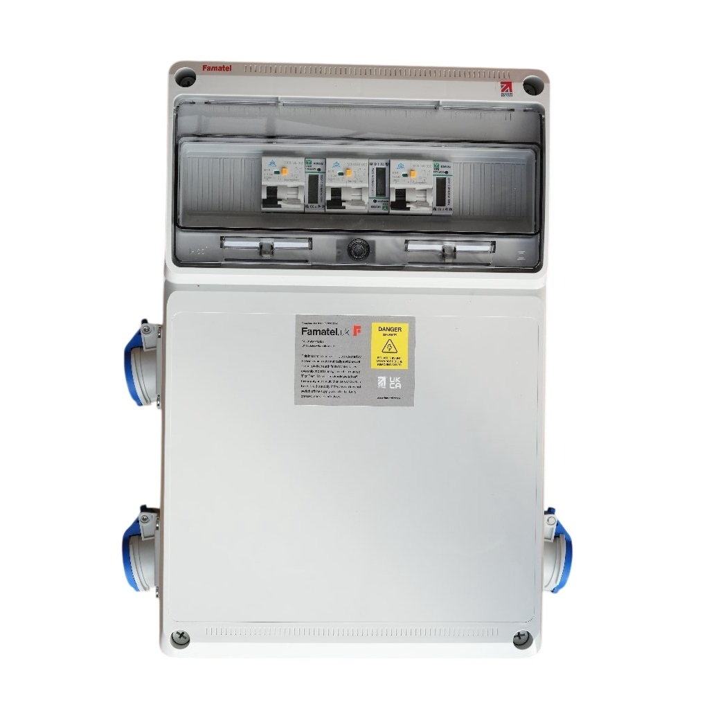 Famatel 3 Way Hook Up Unit 3 x 16A 2P+E Electronic Interlock Socket Side Mounted 3 x 16A RCBO Type A DP 30mA 3 x 45A kWh Meter – NSICAV3/M/SM