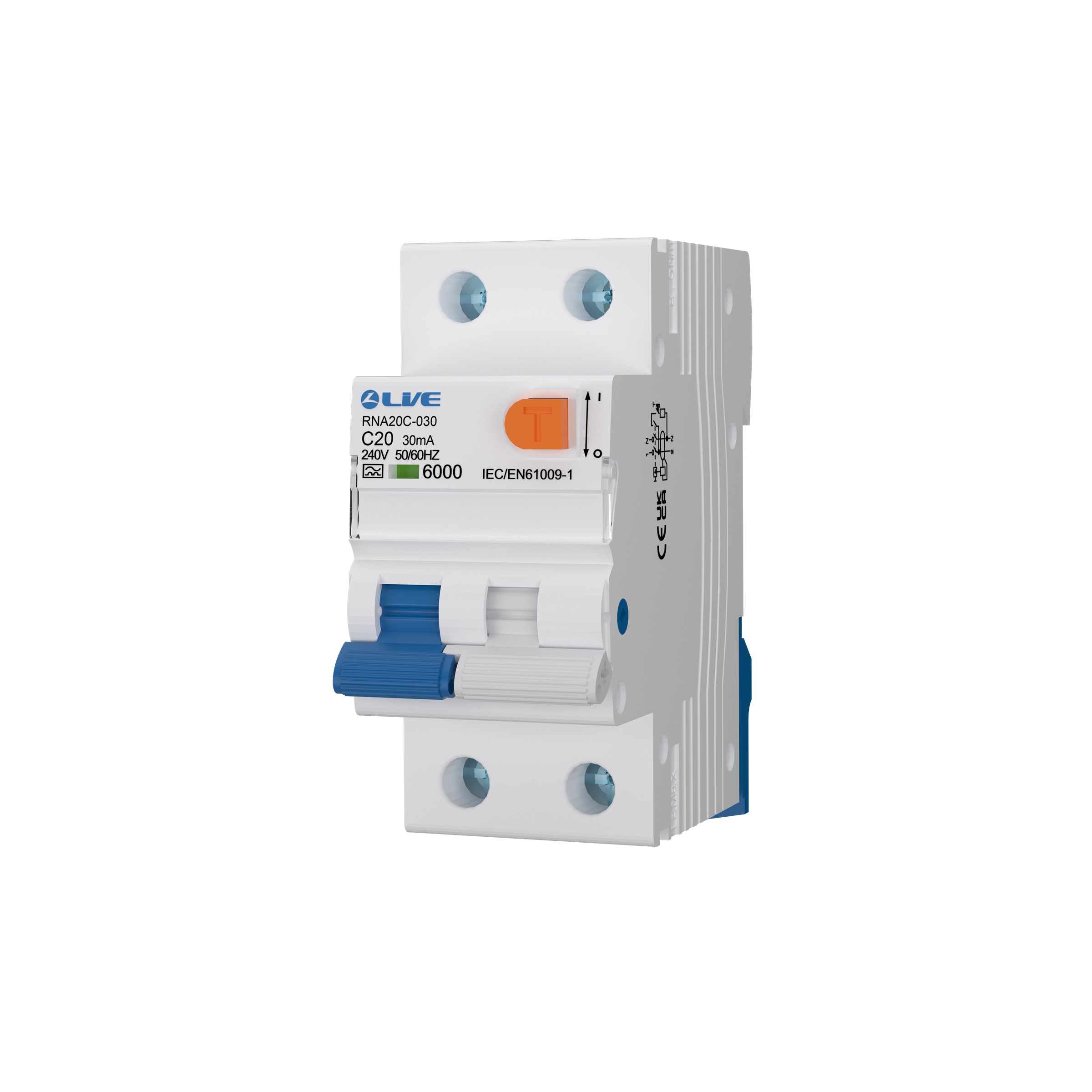 Live Electrical 20A 2 Pole A-Type Bi-Directional RCBO C Curve 6kA – RNA20C-030 - Image 2