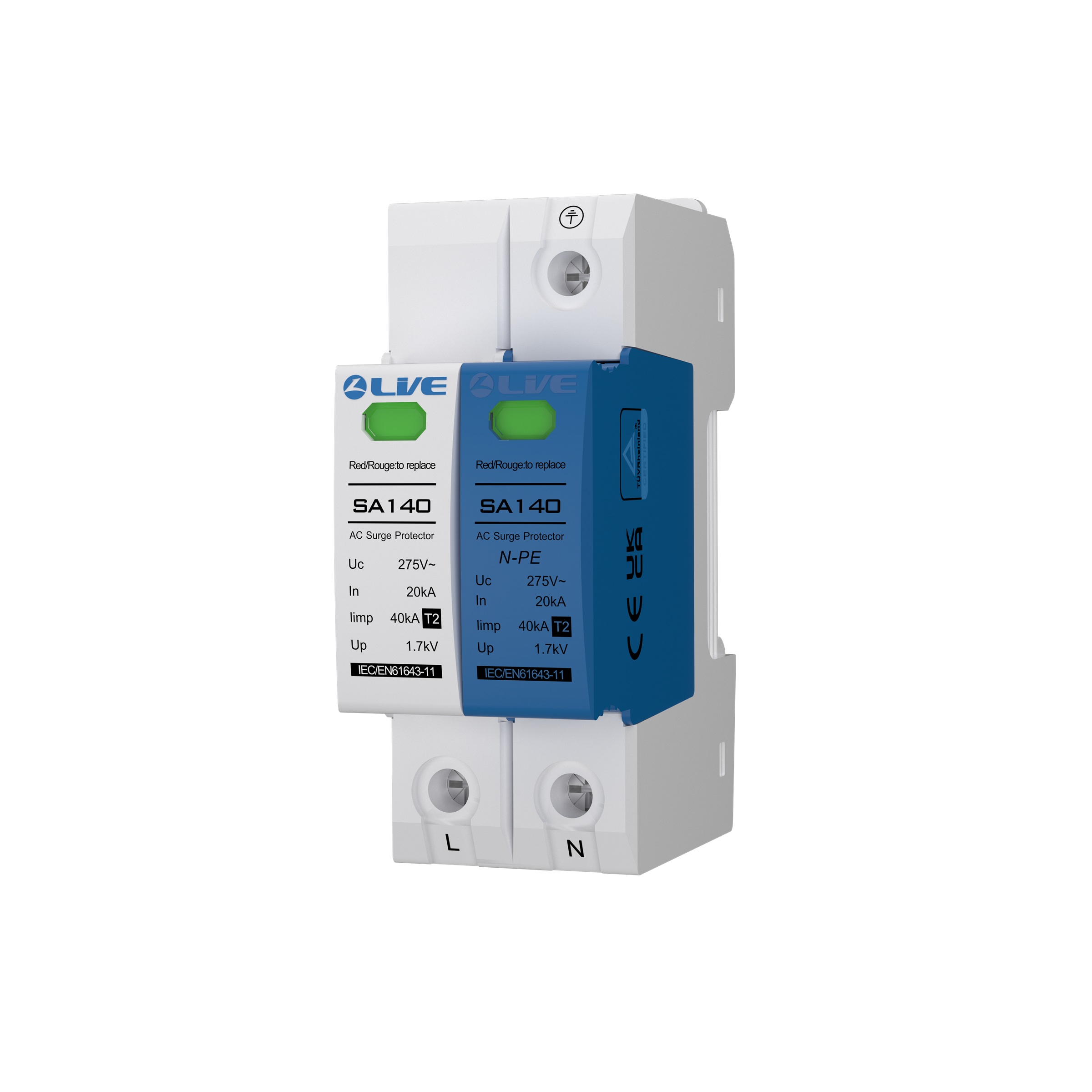 Live Electrical 1P+N 2 Pole 20kA/40kA Type 2 Surge Protective Device (SPD) - SA140 1P+N