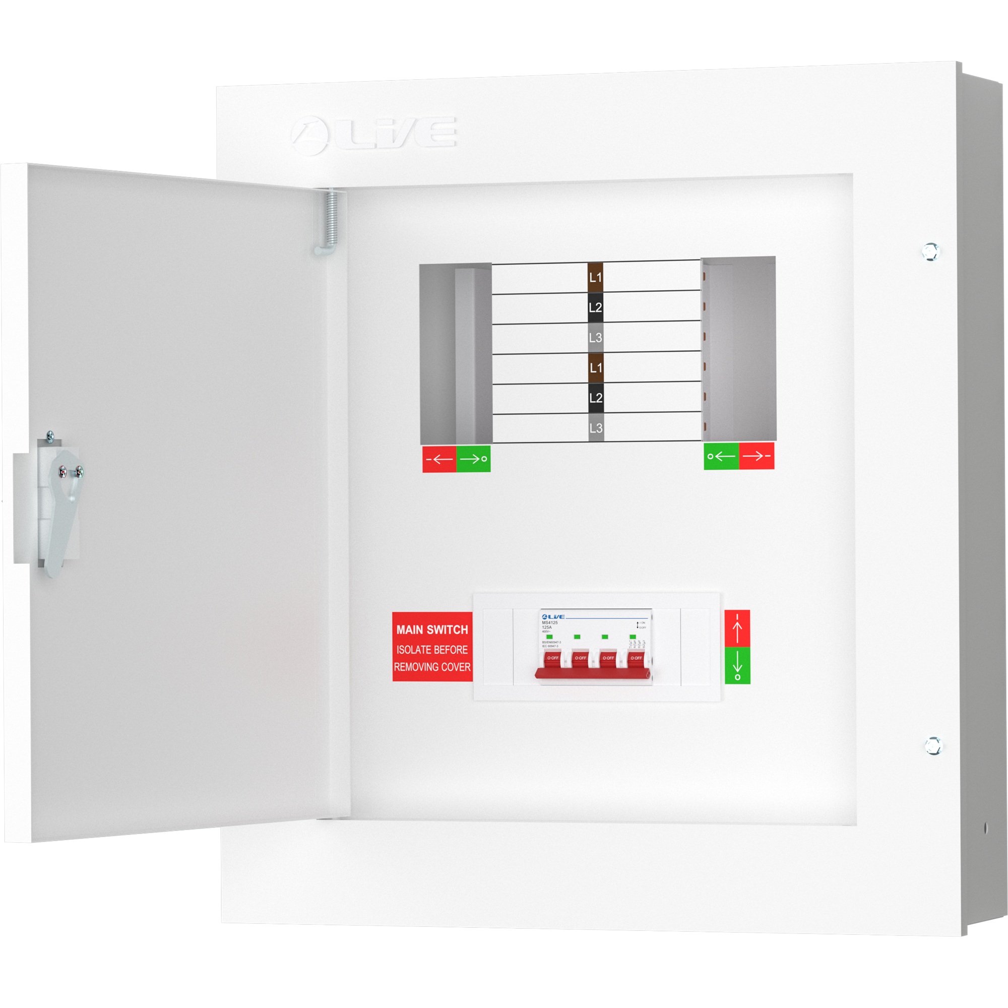 Live Electrical 4 Way 3 Phase Distribution Board with 4 Pole 125A Main Switch Incomer - TPN04-125 - Image 2