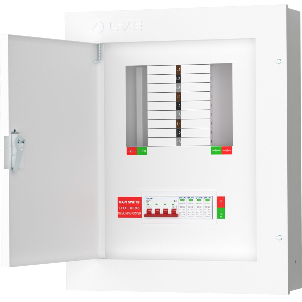 Main Electrical Incomer Live Electrical 6 Way 3 Phase Distribution Board with 4 Pole 125A Main ...