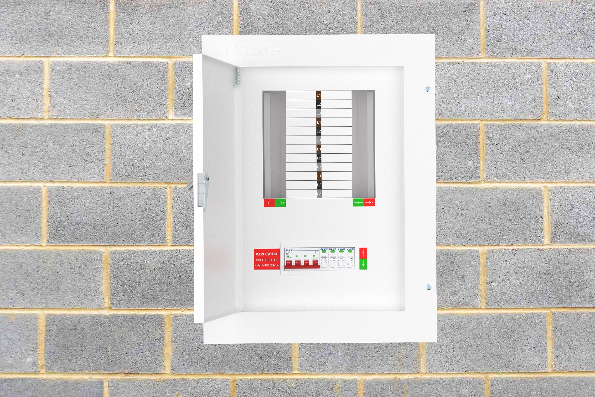 Live Electrical 8 Way 3 Phase Distribution Board with 4 Pole 125A Main Switch Incomer & 20/40kA Surge Protective Device - TPN08-125S - Image 4
