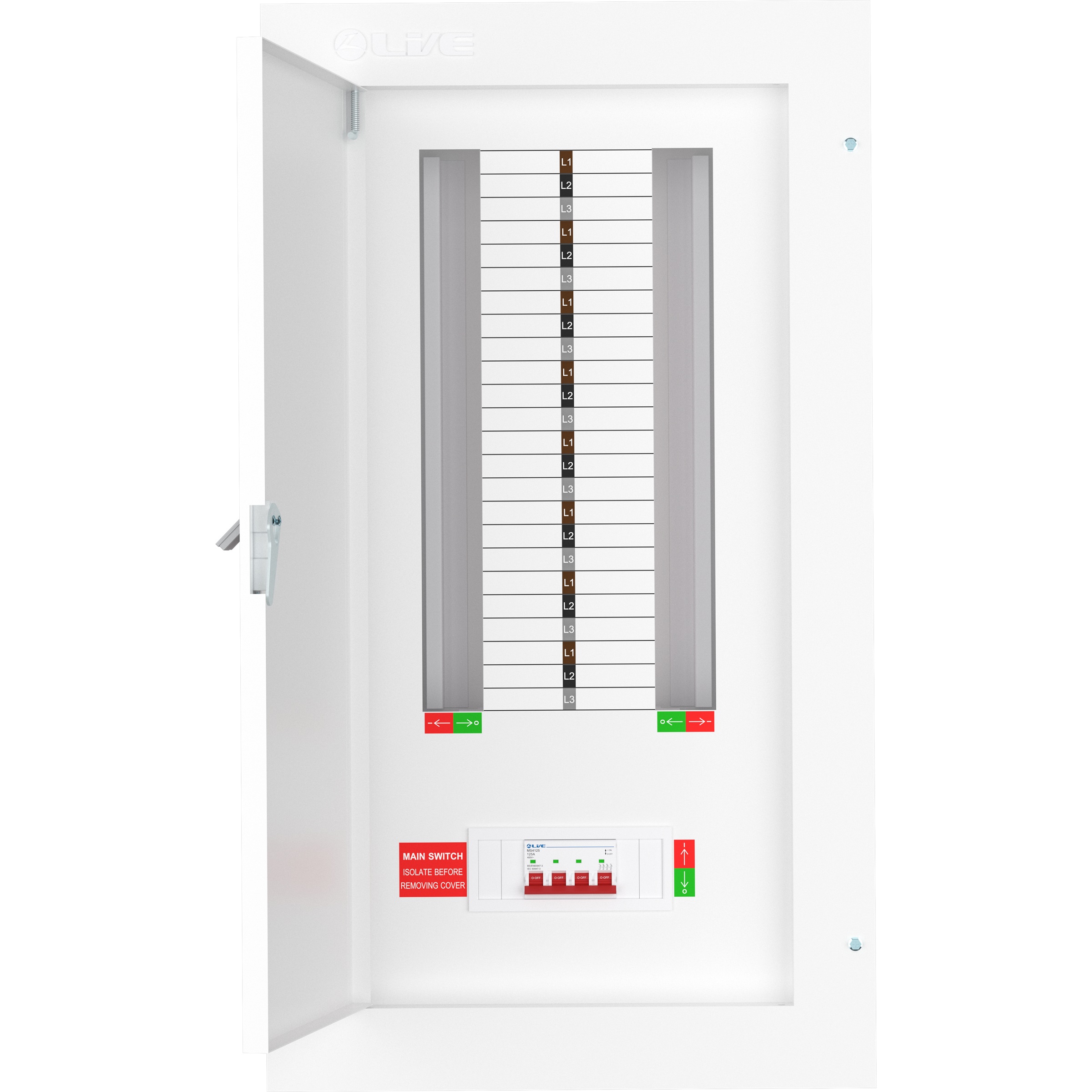 Live Electrical 16 Way 3 Phase Distribution Board with 4 Pole 125A Main Switch Incomer - TPN16-125