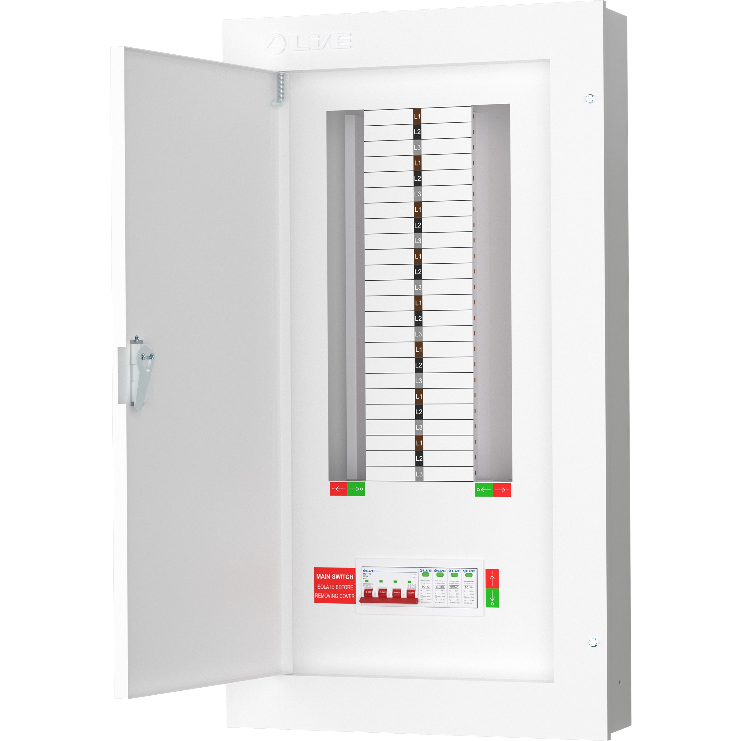 Live Electrical 16 Way 3 Phase Distribution Board with 4 Pole 125A Main Switch Incomer & 20/40kA Surge Protective Device - TPN16-125S - Image 2