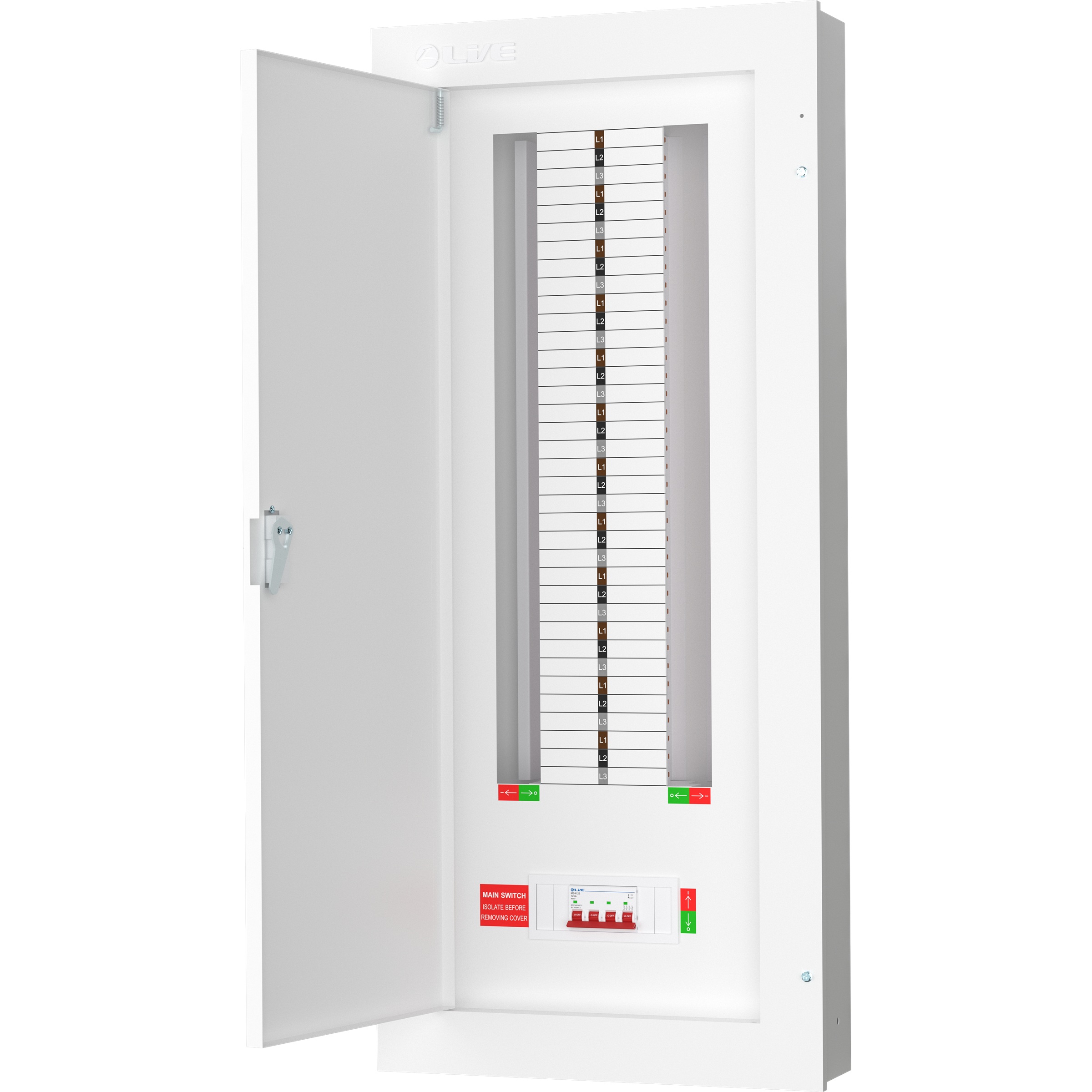 Live Electrical 24 Way 3 Phase Distribution Board with 4 Pole 125A Main Switch Incomer - TPN24-125 - Image 2