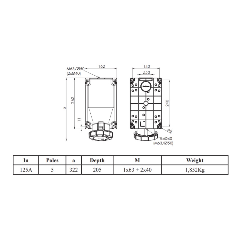 Garo 125A 5 Pin (3P+N+E) Red IP67 Industrial Wall Socket 200-415V - UIV4125-6S-RU - Image 2