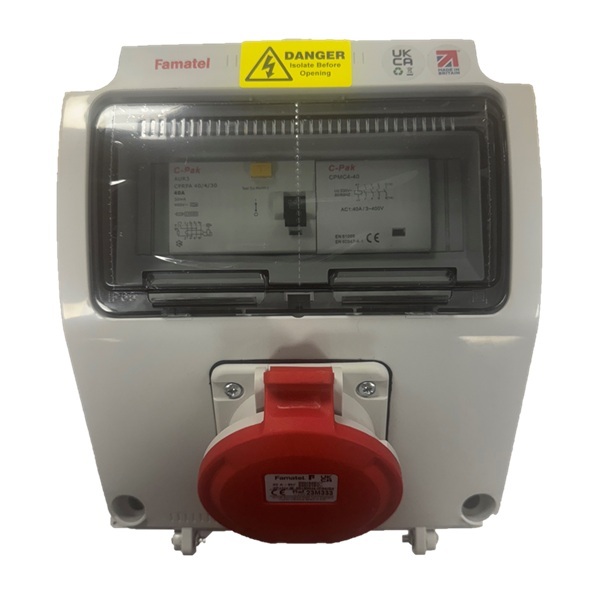 Famatel 32A 4 Pin 415V IP54 Electronic Interlocked Socket Red c/w 40A 30mA RCD - 22.32444RCD