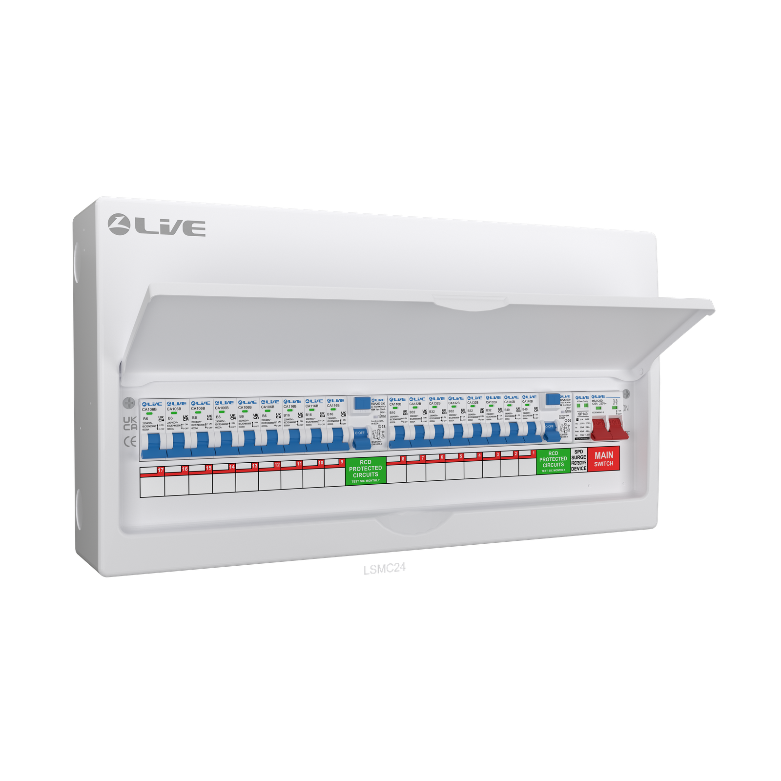 Live Electrical 24 Way Metal Clad Split Load Consumer Unit c/w 100A Main Switch / 2 x 63A 30mA RCD + 17 MCBs (6x6A, 1x10A, 3x16A, 5x32A, 2x40A) + 20/40kA DP Surge Protection Device - LSMC2463TR-AS - Image 3