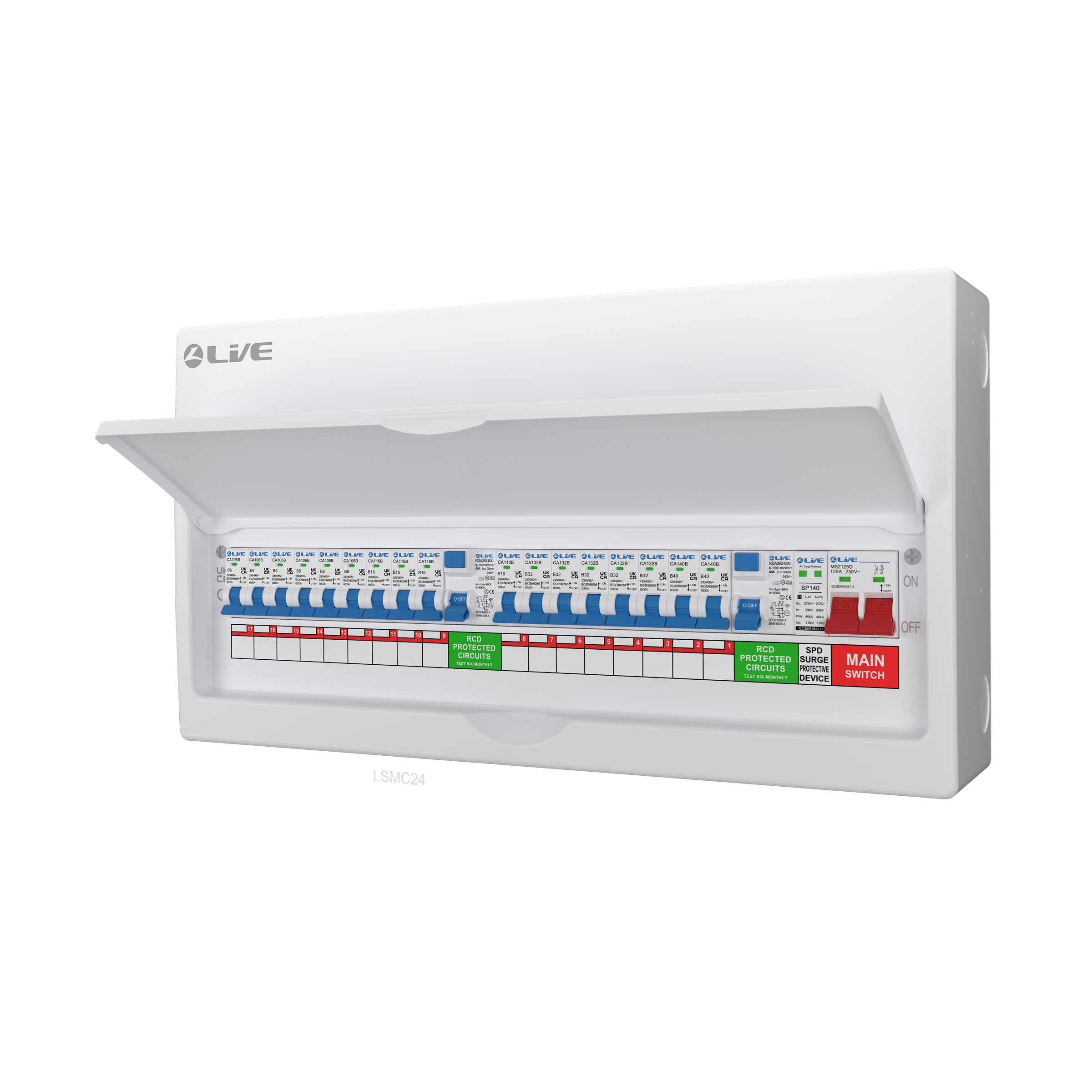 Live Electrical 24 Way Metal Clad Split Load Consumer Unit c/w 100A Main Switch / 2 x 63A 30mA RCD + 17 MCBs (6x6A, 1x10A, 3x16A, 5x32A, 2x40A) + 20/40kA DP Surge Protection Device - LSMC2463TR-AS - Image 4