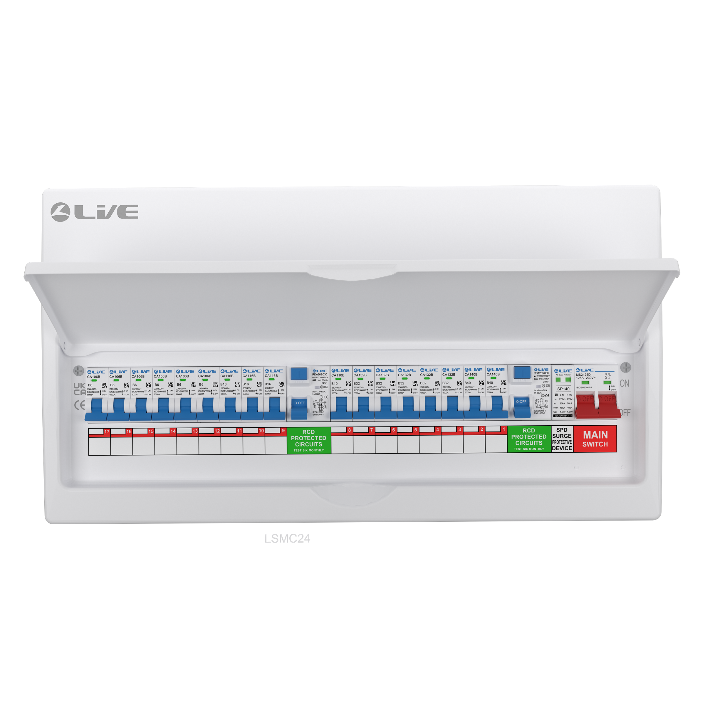 Live Electrical 24 Way Metal Clad Split Load Consumer Unit c/w 100A Main Switch / 2 x 63A 30mA RCD + 17 MCBs (6x6A, 1x10A, 3x16A, 5x32A, 2x40A) + 20/40kA DP Surge Protection Device - LSMC2463TR-AS