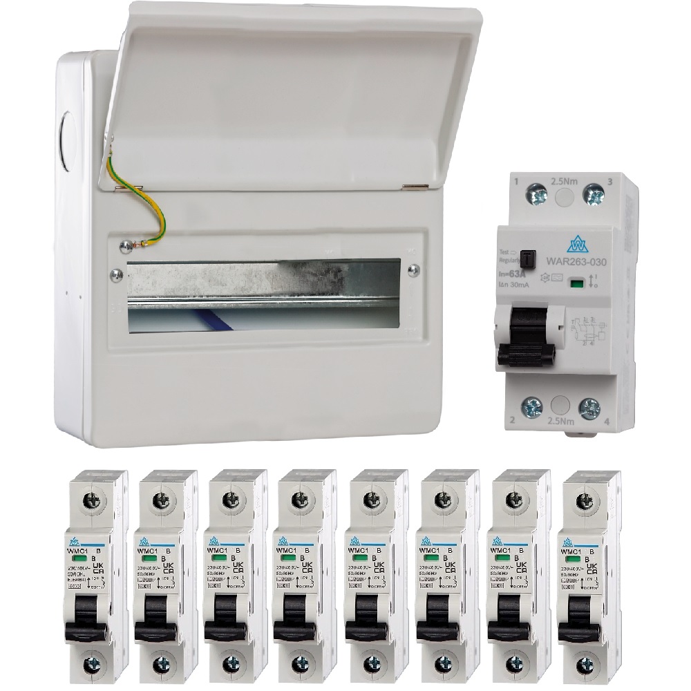 WCED 10 Way Metal Clad Consumer Unit c/w 63A 30mA RCD + 8 MCBs (2x6A, 2x16A, 1x20A, 2x32A, 1x40A) - WME10R638MCB