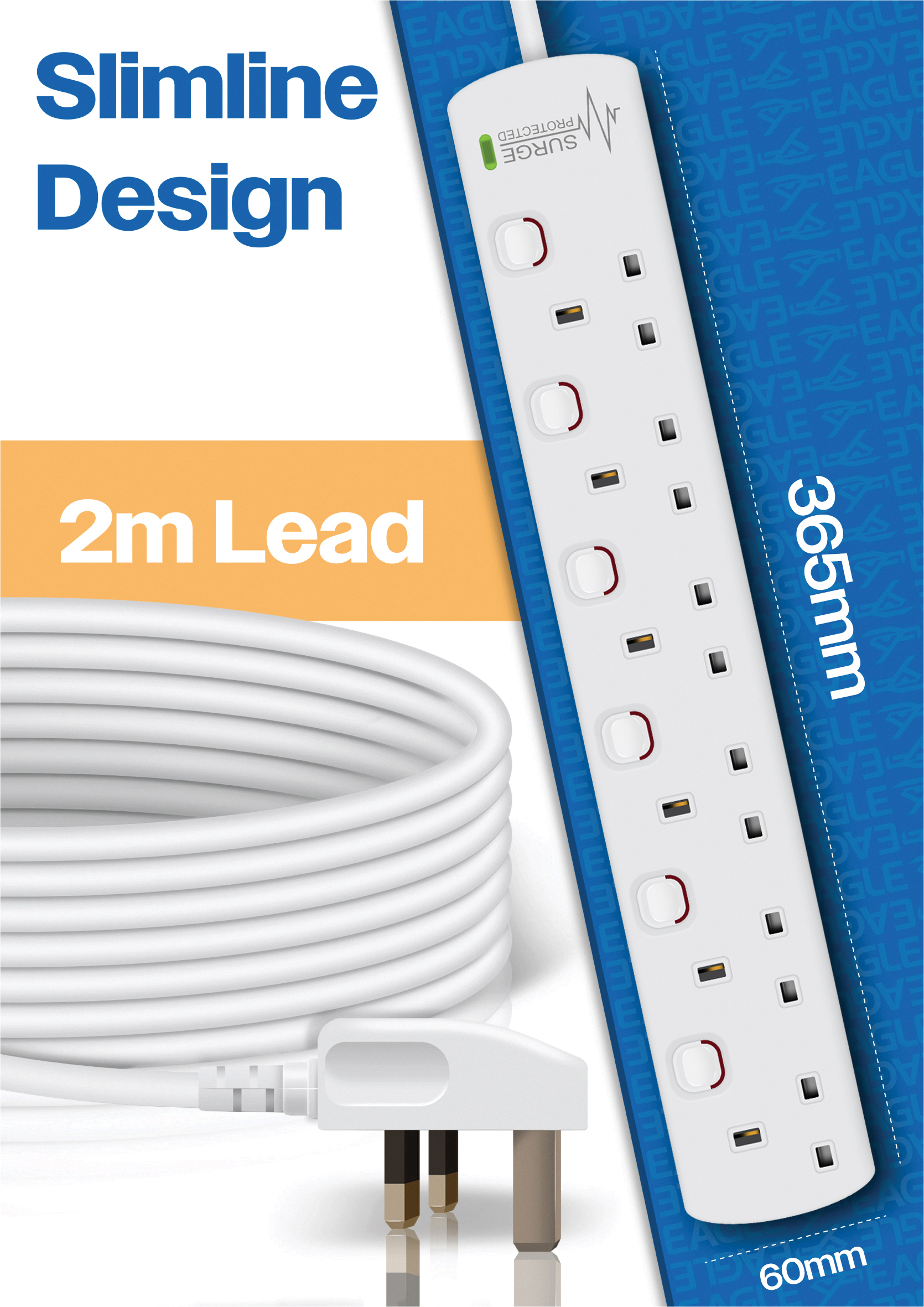 Eagle 6 Gang Individually Switched Anti-Surge Extension Lead with Neon White - E227DW - Image 2