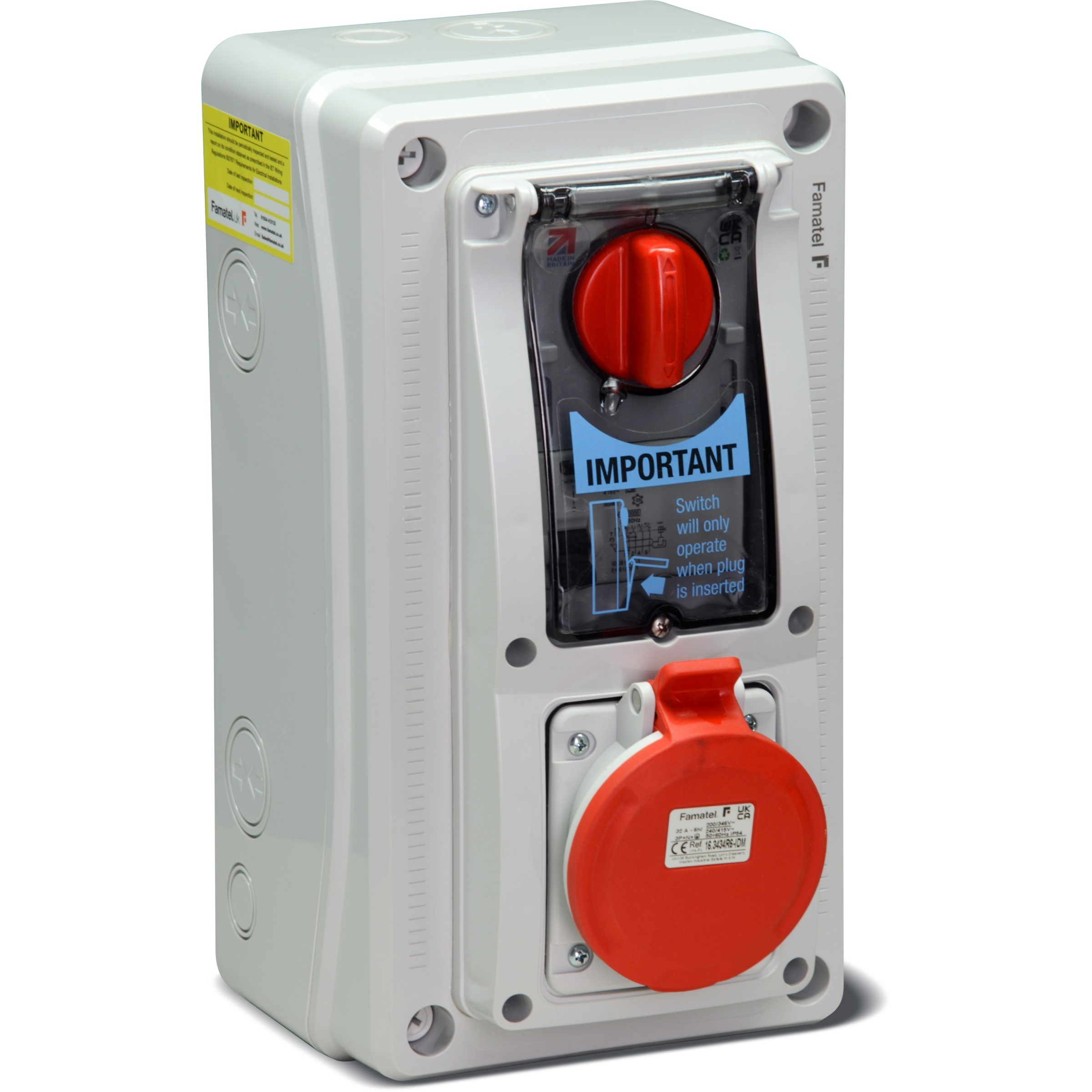 Famatel 16A 5 Pin 415V IP54 Vertical RCD Interlocked Socket - 32.3414R6R