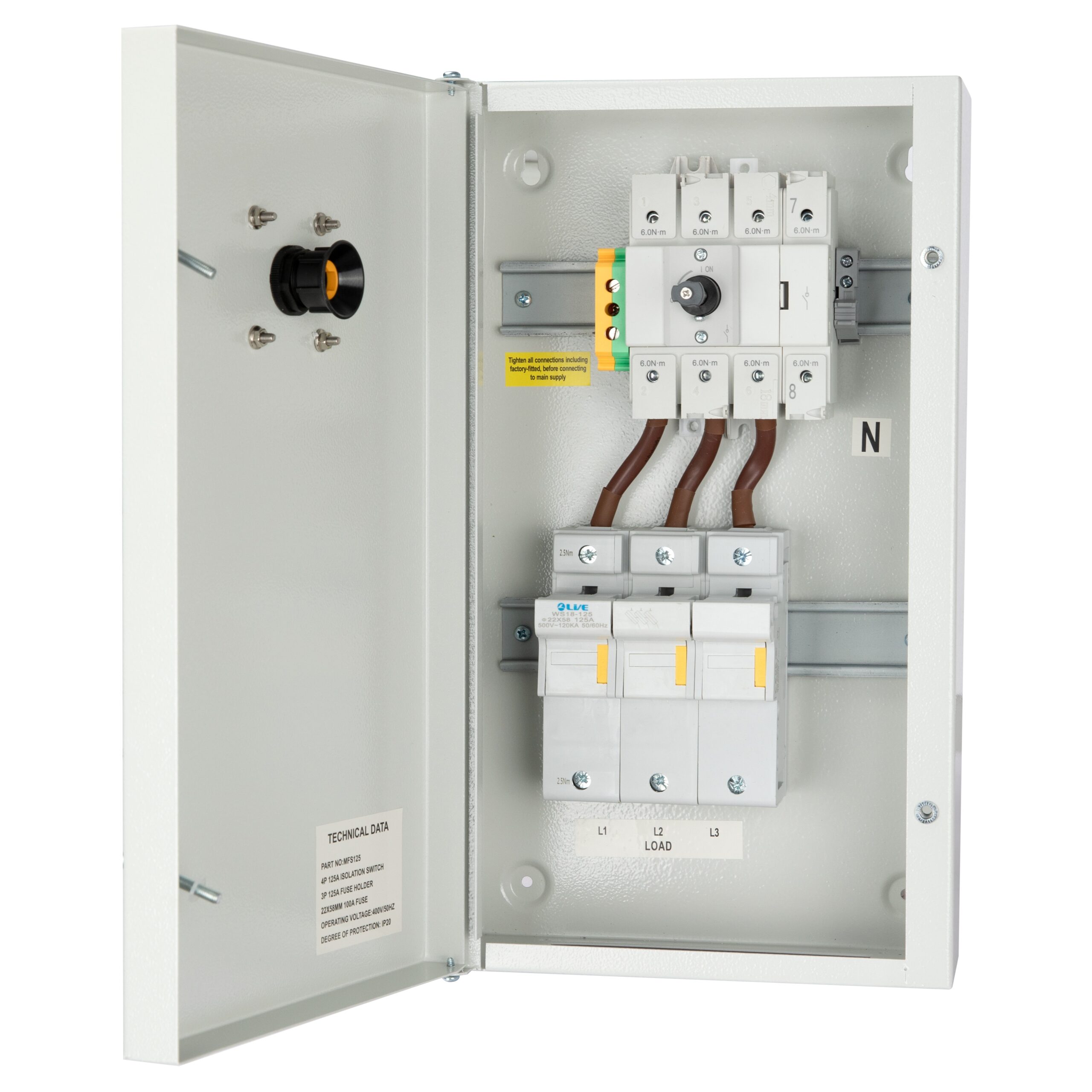 Live Electrical 125A 3 Pole + Neutral Metal Interlocked Fused Switch IP20 - MFS125 - Image 2
