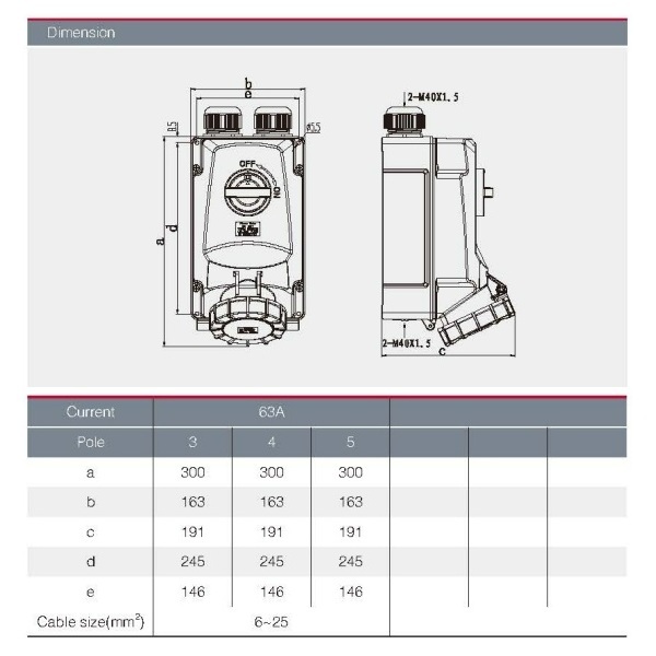 Deligo 63A 5 Pin (3P+N+E) Red IP67 Industrial Interlocked Socket 415V - SI415-635P - Image 2