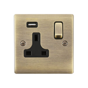 Saxby Raised Screwed 13A 1G DP Switched Socket with 2.1V USB Antique Brass With Black Insert - RS413ABB