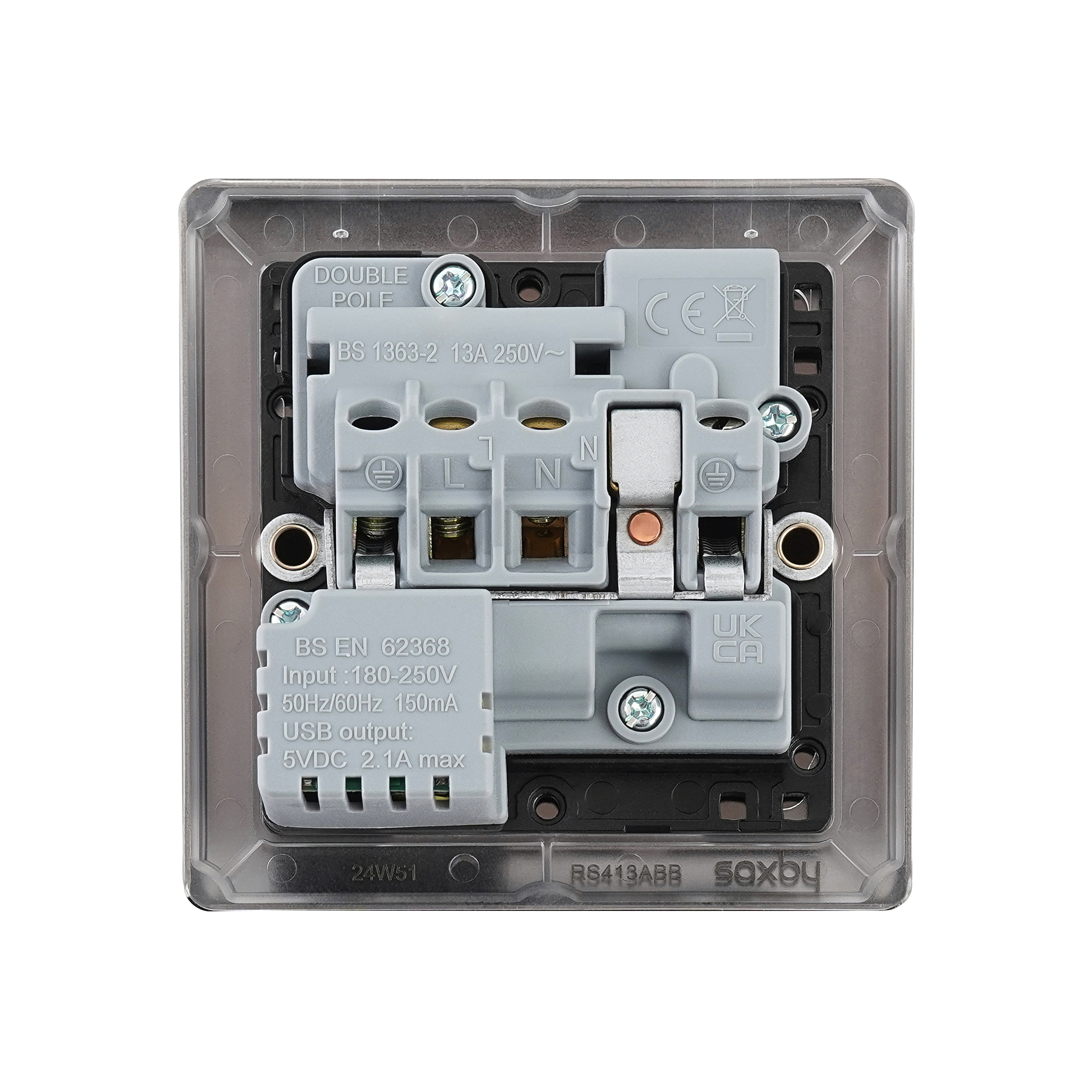 Saxby Raised Screwed 13A 1G DP Switched Socket with 2.1V USB Antique Brass With Black Insert - RS413ABB - Image 5