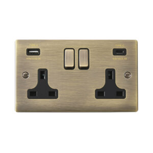 Saxby Raised Screwed 13A 2G DP Switched Socket with 15.5W USB A+C Antique Brass With Black Insert - RS425ABB