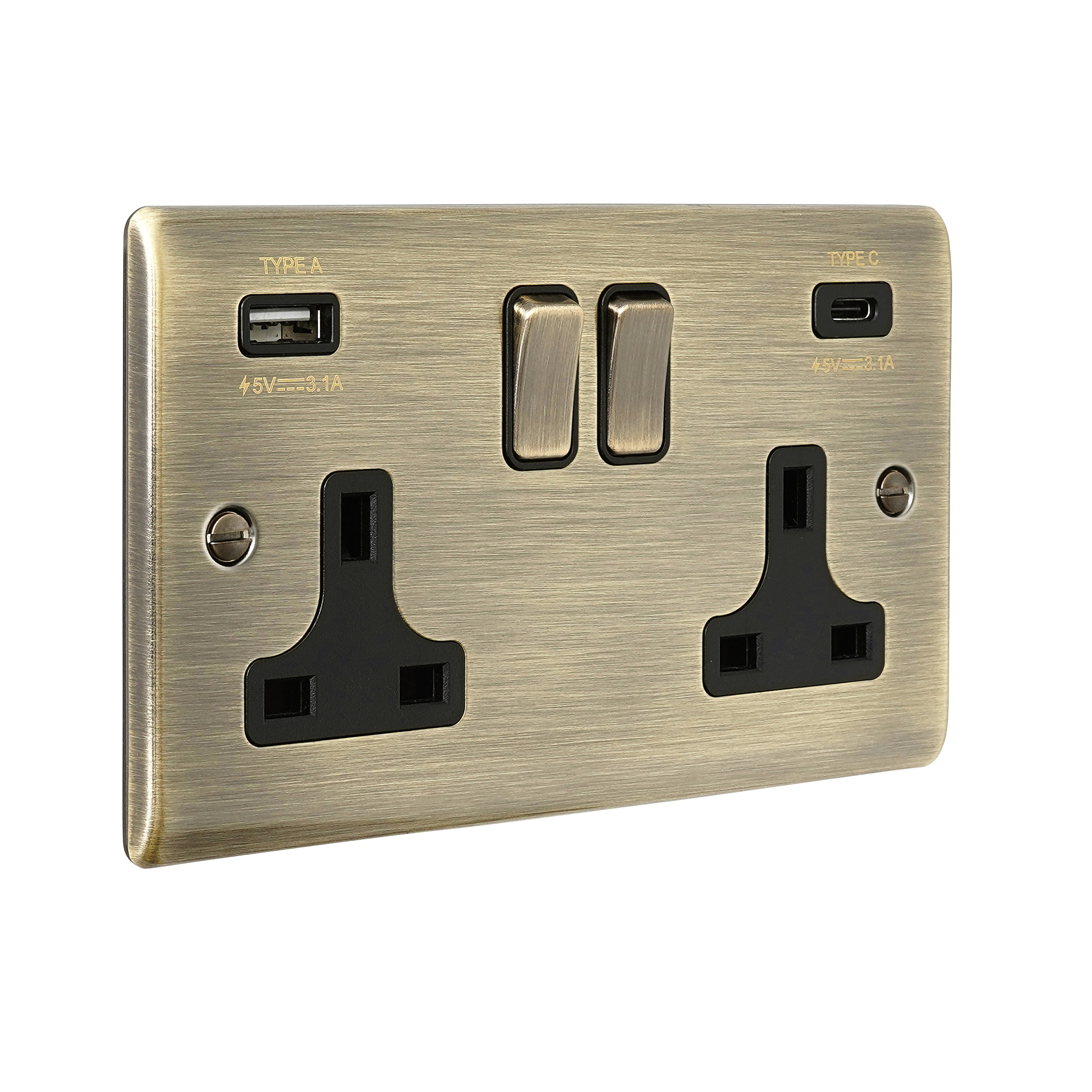 Saxby Raised Screwed 13A 2G DP Switched Socket with 15.5W USB A+C Antique Brass With Black Insert - RS425ABB - Image 4