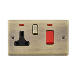 Saxby Raised Screwed 45A DP Cooker Switch with 13A Socket with Neon Antique Brass With Black Insert - RS551ABB