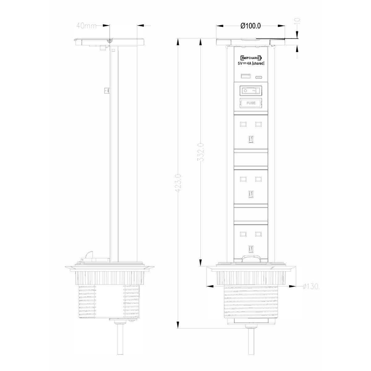 Knightsbridge IP54 3G pop-up socket with dual USB charger A+C (FASTCHARGE) Brushed chrome Cap - SK9909BC - Image 2