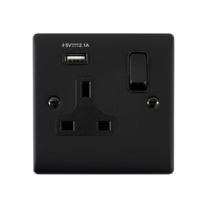 Saxby Raised Screwed 13A 1G DP Switched Socket with 2.1V USB Matt Black With Black Insert - RS413BLB